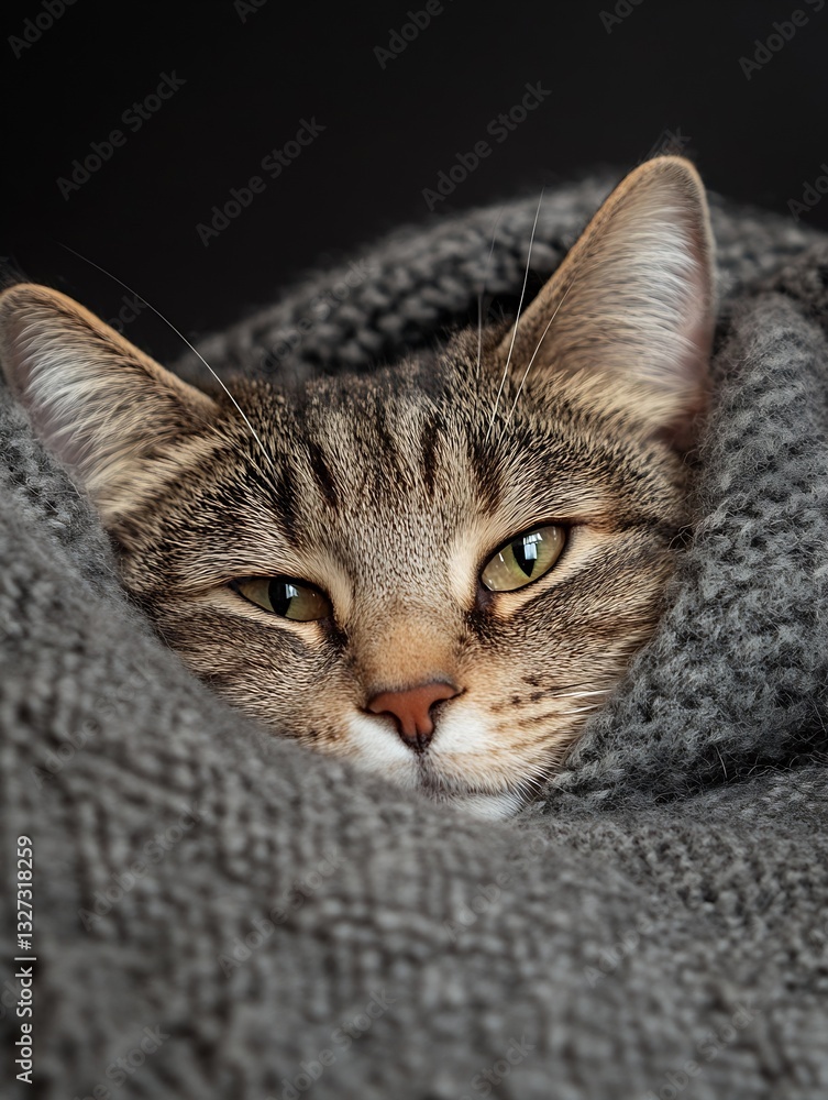 Aufkleber Cozy cat wrapped in a warm blanket displaying a serene and affectionate expression : Generative AI