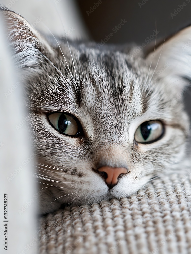 Poster Close up view of a relaxed grey tabby cat resting on a soft couch with detailed fur and expressive eyes : Generative AI