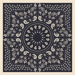 Black and white scarf or bandana design with paisley mandala pattern. Ethnic monochrome carpet design. Abstract boho background.