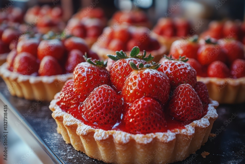 Poster strawberry tarts: flaky crusts are filled with a layer of shiny red glaze and topped with fresh stra
