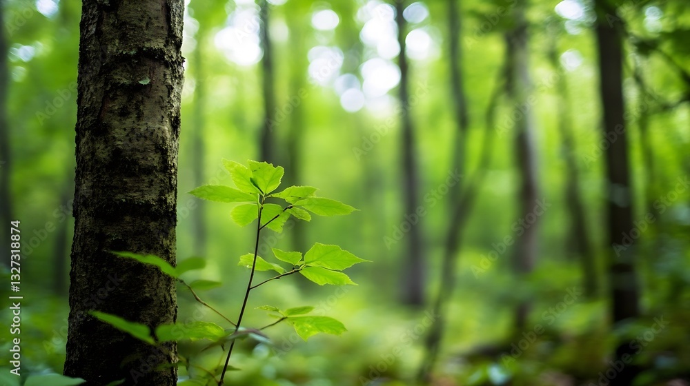 Aufkleber fresh green leaves emerging from a tree in a lush forest with sunlight filtering through the foliage