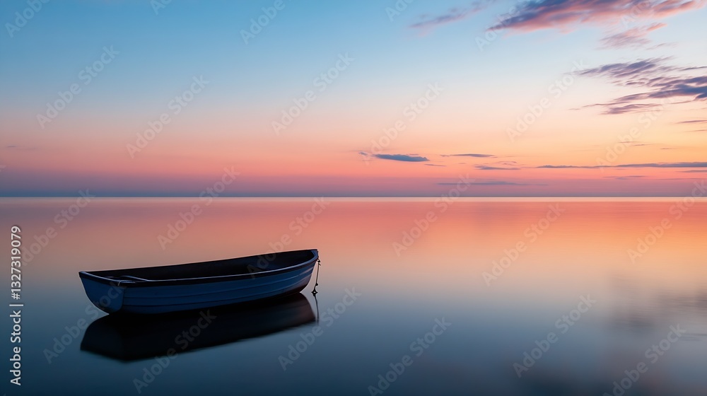 Aufkleber Serene sunset reflection on calm water with a solitary boat creating a tranquil scene : Generative AI