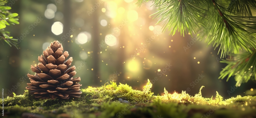Poster pine cone on forest floor surrounded by moss and sunlight filtering through trees