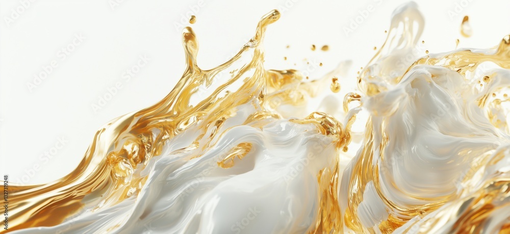 Poster dynamic splash of golden liquid and white cream creating an abstract art effect