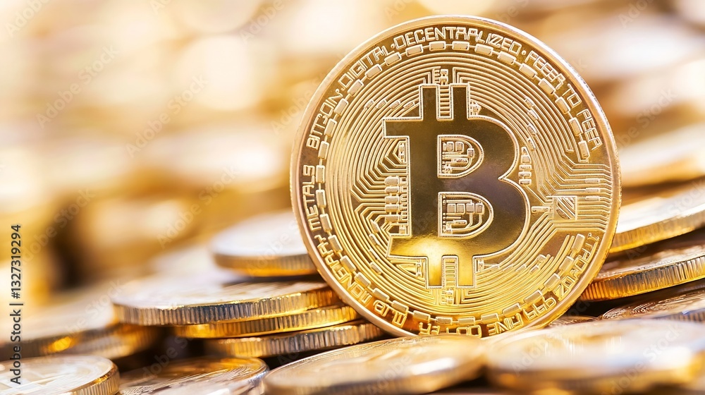 Poster closeup shot of shiny gold bitcoin coins stacked together representing virtual currency : generative