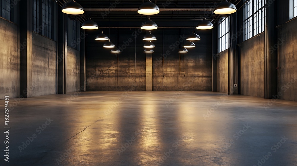Aufkleber interior of a large industrial warehouse with soft lighting and empty floors waiting for action : ge