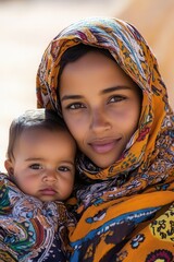 Elegant Tuareg mother in traditional indigo and golden attire lovingly embracing her child in the desert, perfect for cultural documentaries, Mother&rsquo;s Day campaigns, or heritage-themed projects
