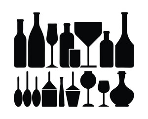 wine bottles and glasses bundle set silhouette