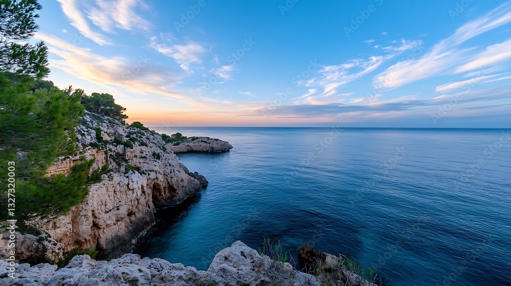 Poster a tranquil coastal view featuring clear waters and picturesque cliffs under a vibrant sky at dusk : 
