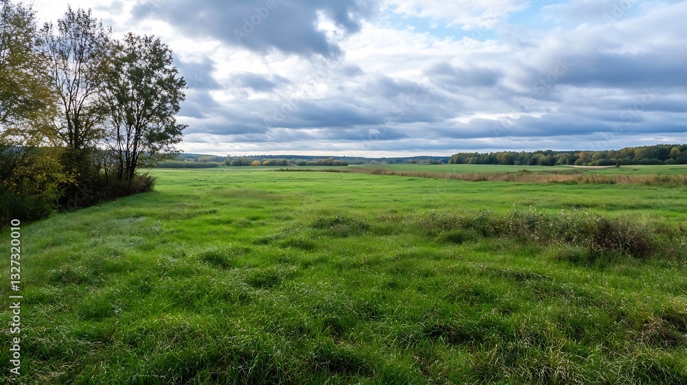 Poster expansive green landscape with open field and lush vegetation under scenic cloudy sky : generative a