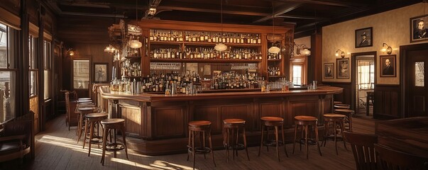 A large, rustic wooden bar with a counter and barstools, front view, interior of an old Western saloon.