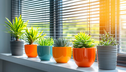 Potted Plants on Windowsill with Sunlight Streaming Through Blinds