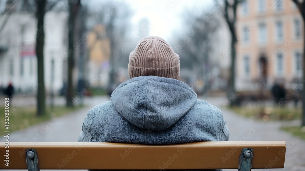 Poster man with a warm hat sitting quietly on a park bench reflecting on life while looking ahead : generat