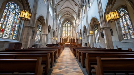 Fototapeta premium Spacious and elegant interior of a historic church with stained glass windows and wooden pews : Generative AI