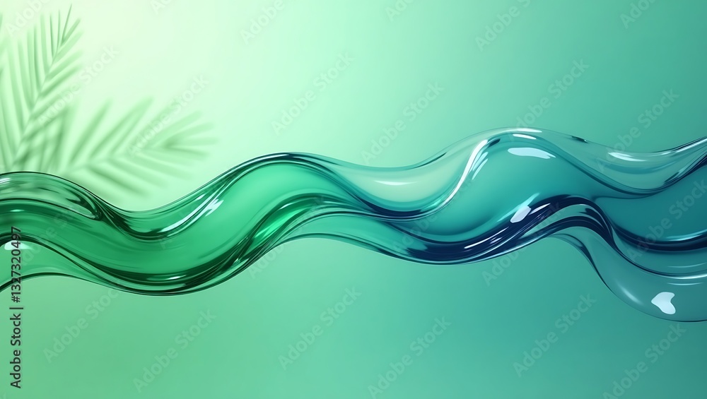 Poster abstract background with green and blue fluid glossy wave. generative ai.