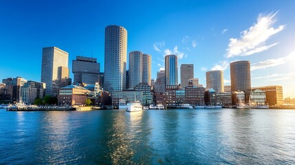 Stunning skyline of a bustling city reflected in calm waters under a clear blue sky during sunset : Generative AI