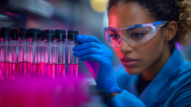 scientist in lab coat analyzes samples in test tubes, showcasing focus and precision. vibrant colors enhance atmosphere of scientific exploration