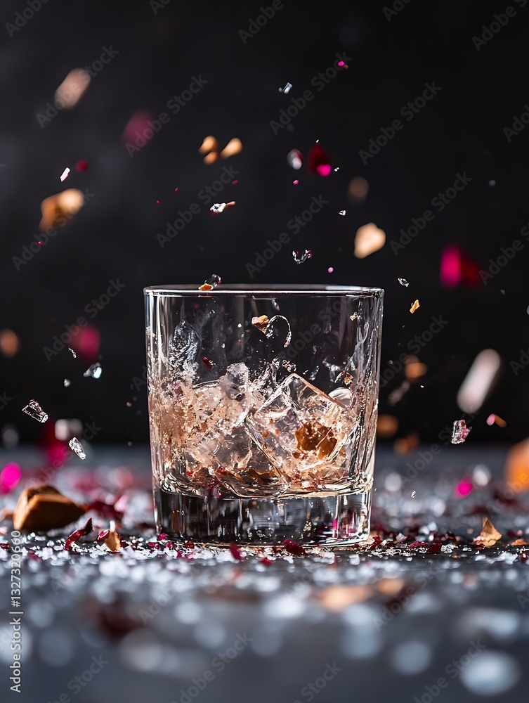 Poster refreshing cocktail in glass with ice and colorful petals for special occasions : generative ai