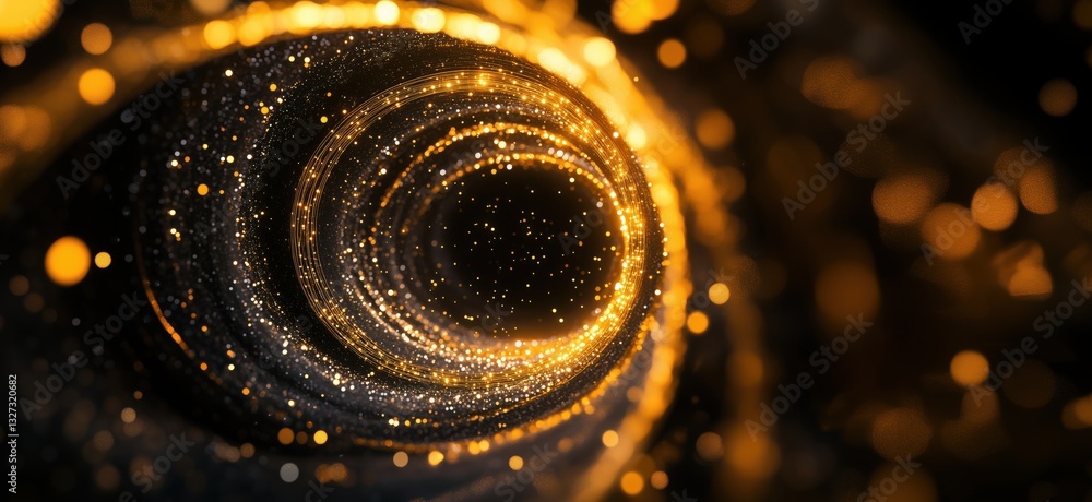 Poster golden swirling vortex with sparkling particles and cosmic depth effect