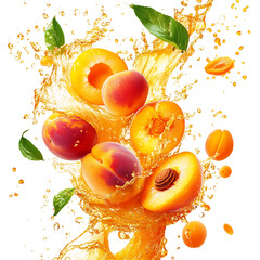 A Bunch of Peaches Falling Into a Glass of Orange Juice Isolated on Transparent Background