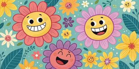 Happy Cartoon Flowers Illustration on Blue, Floral , Smiley