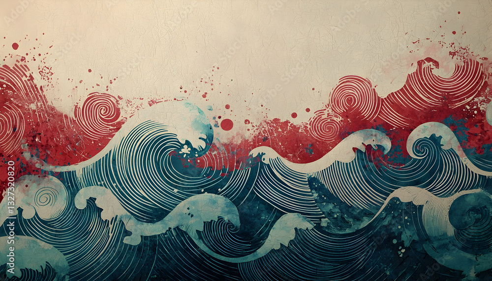 Poster stylized ocean waves with circular patterns in red and blue tones