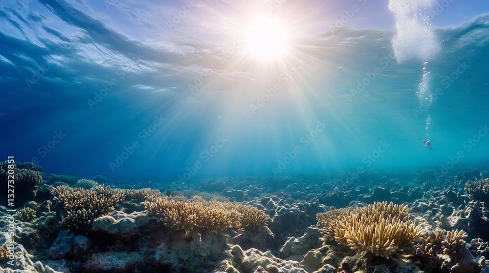 Poster underwater view of coral reef basking in sunlight created mesmerizing aquatic scenery : generative a