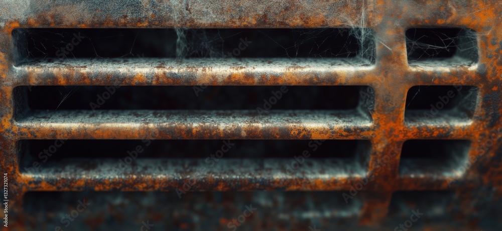 Poster rusty metal grille with cobwebs and weathered texture in close-up view