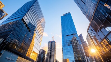 Obraz premium Stunning urban skyline view showcasing modern skyscrapers reflecting sunlight in a vibrant city setting : Generative AI