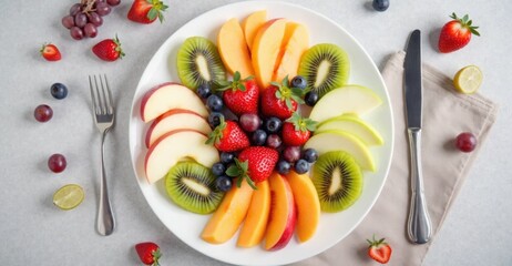 Colorful fruit platter with a variety of fresh fruits arranged artistically on a white plate,...