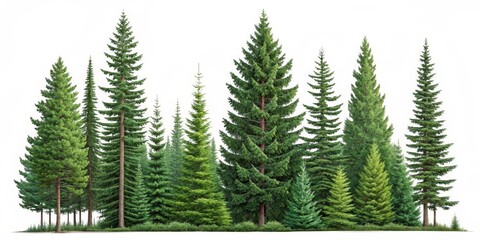 Fototapeta premium Green Pine Tree Forest isolated on white, Evergreen , Woodland