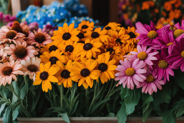 Fototapeta premium Bunch of flowers in a wooden box, vibrant colors, natural setting.