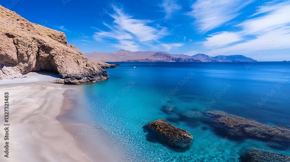 Aufkleber serene beach view with clear water and rocky shore under a bright blue sky inviting relaxation : gen