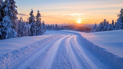 Obraz premium Scenic Winter Road Surrounded by Snowy Pines During a Breathtaking Sunset : Generative AI