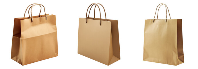 Brown Craft Paper Bags with Handles for Shopping and Retail Use, PNG bundle collection, Isolated on Transparent Background