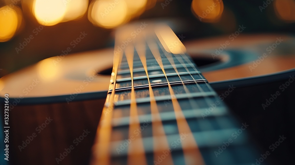 Aufkleber close up view of an acoustic guitar fretboard against a blurred sunset background creating a warm at