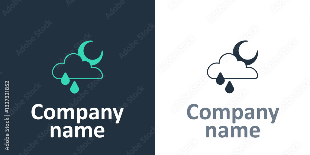 Poster logotype cloud with rain and moon icon isolated on white background. rain cloud precipitation with r