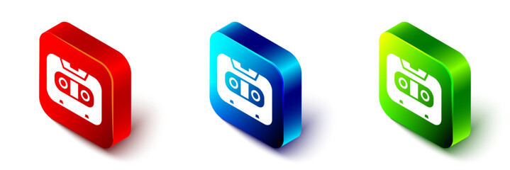 Isometric Retro audio cassette tape icon isolated on white background. Red, blue and green square button. Vector