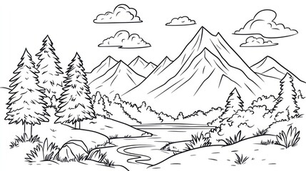 Mountain landscape with river and trees.  Simple line drawing