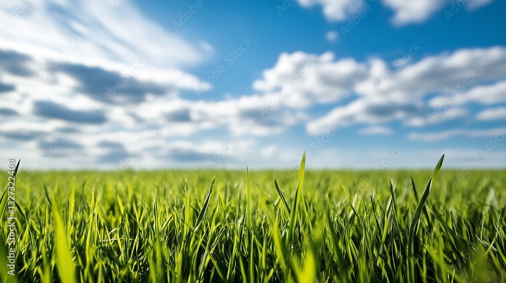 Aufkleber vibrant green grass under a bright blue sky with fluffy clouds creating a serene landscape atmospher