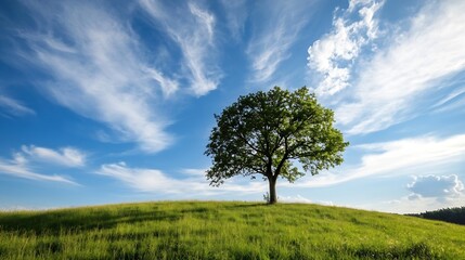 Obraz premium Lone tree standing majestically on a lush green hill against a bright blue sky with soft clouds : Generative AI