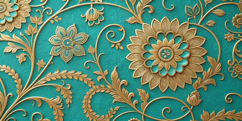 Golden Floral Ornament on Teal Background,Vintage,Art