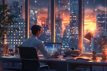 A professional man working late at night in an office, with a vibrant city skyline illuminated at sunset.