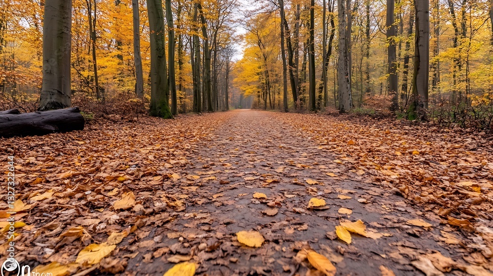 Aufkleber autumn pathway covered with vibrant yellow and brown leaves in a lush forest : generative ai