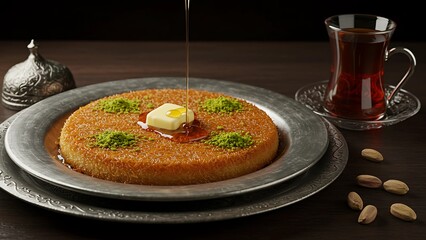 Savory Kunafa: Levantine Cheese Pastry with Sweet Syrup on a Silver Plate, Topped with Pistachios and Butter, Served with Tea 