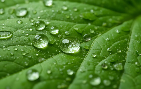 Refreshing close-up of a vibrant green leaf with fresh dewdrops glistening in the sunlight, capturing the beauty of nature’s details and purity in the morning