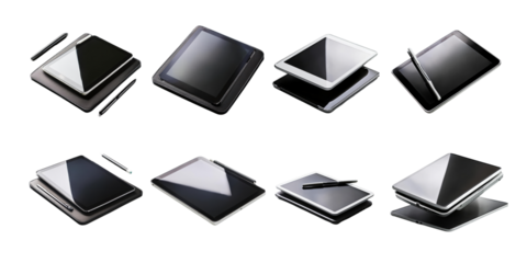 Sleek Tablets with Stylus in Various Arrangements, PNG collection, set bundle, isolate on transparent or white background