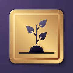 Purple Volunteer team planting trees icon isolated on purple background. Represents ecological protection, protecting plants and trees. Gold square button. Vector