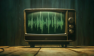 Vintage Television Displaying Oscilloscope Signal on Wooden Floorboards Backdrop