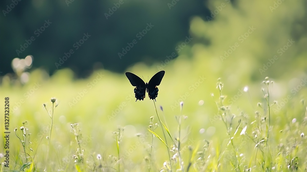 Poster Delicate butterfly resting on a flower stem highlighting intricate details against a soft green background : Generative AI